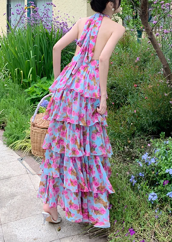 satin dressBoho Print Ruffled Halter Backless Beach Dress Summer