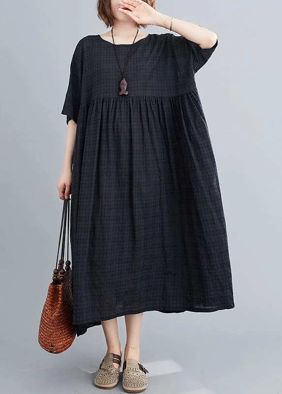 modern dressBlack Plaid Patchwork Long Dresses Short Sleeve