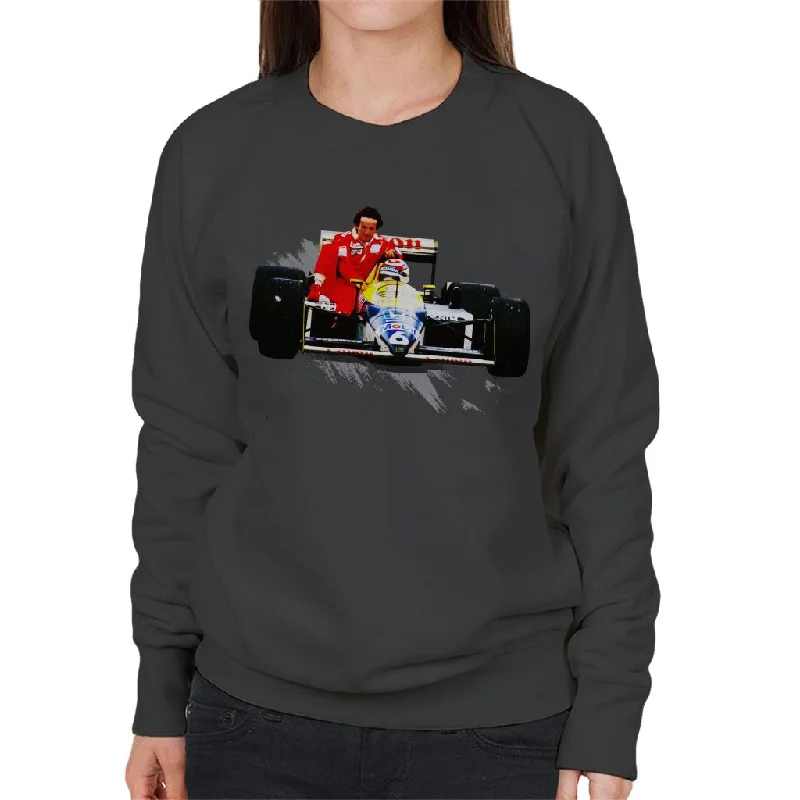 versatile gym hoodieMotorsport Images Nelson Piquet Honda Gives Alain Prost A Lift German GP Women's Sweatshirt