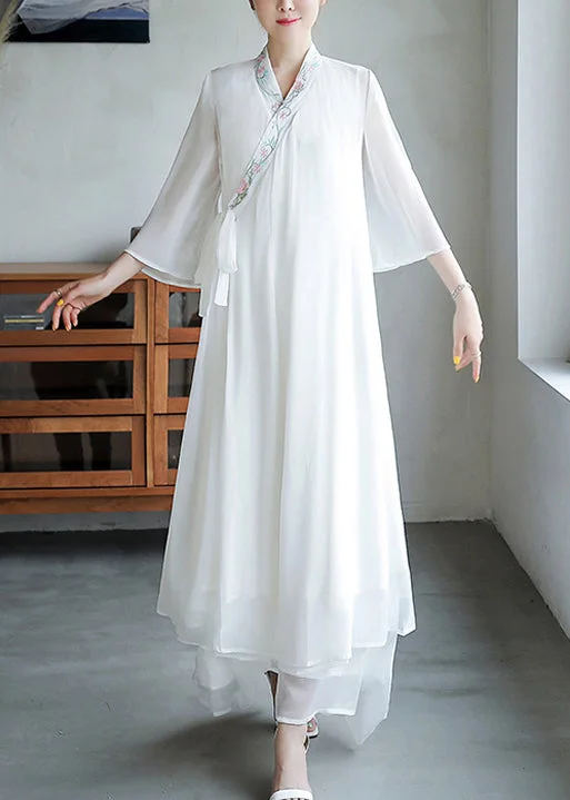 Weekend Deal Loose White Embroidered Lace Up Chiffon Dresses Flare Sleeve
