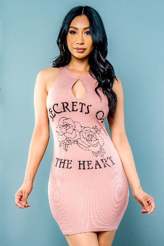 fitted cocktail dress'Secrets of The Heart' Halter Strappy Racer Back Graphic Tee Mini Dress with Keyhole Front (MD-130)