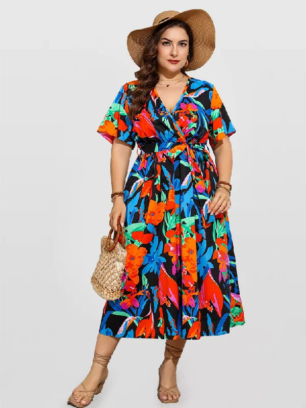 comfy maxi dressFloral Print V-Neck Crisscross Belted Midi Dress