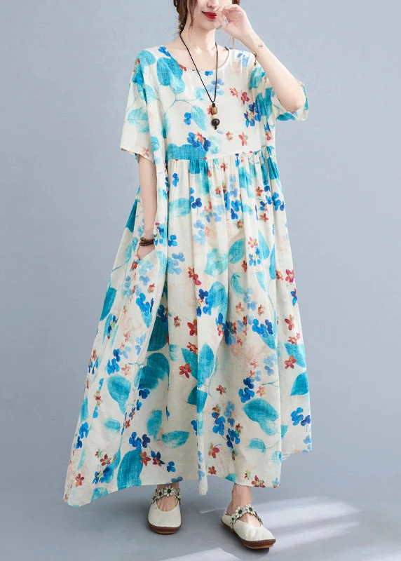 flowy dressPlus Size Blue O Neck Print Pockets Cotton Dress Summer