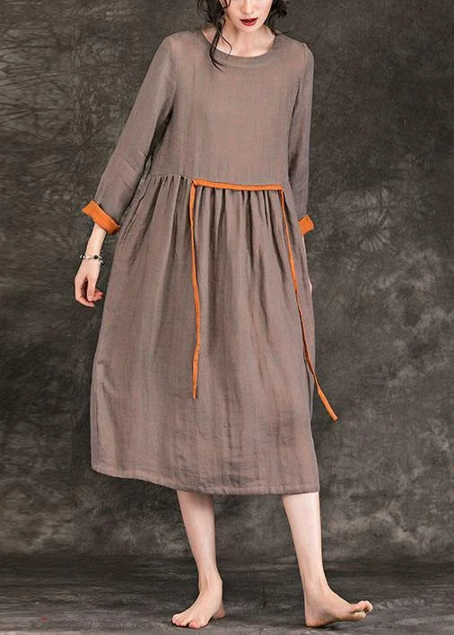 spaghetti strap dressWomen o neck tie waist Cinched linen Wardrobes brown Dress spring