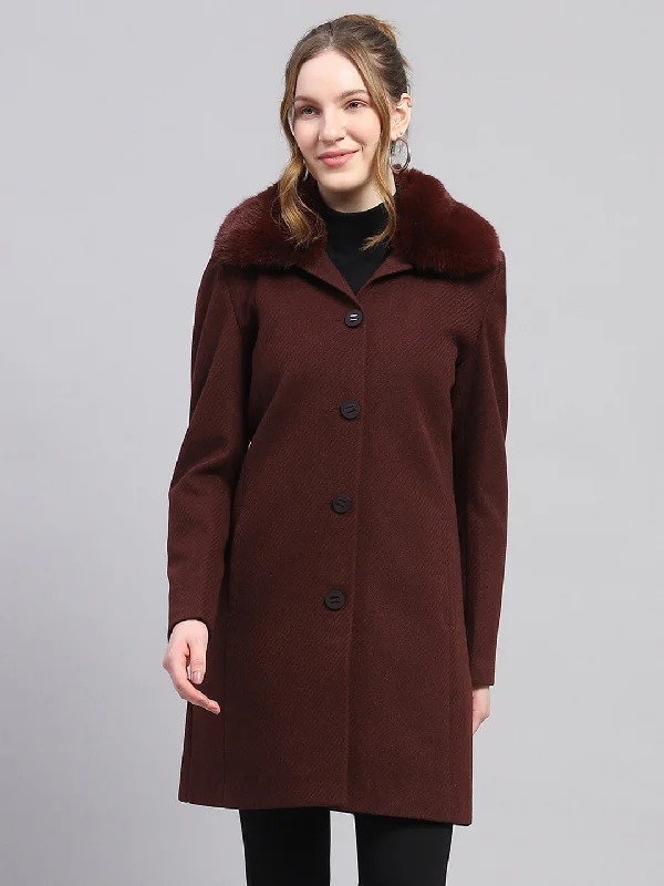 retro coatWomen Maroon Self Design Notch lapel Collar Full Sleeve Coat