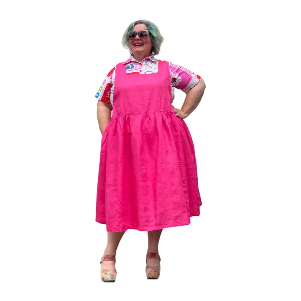 denim dressKelly Pink Linen Square Neckline Pinafore Plus Size Dress with pockets available in sizes 14-36