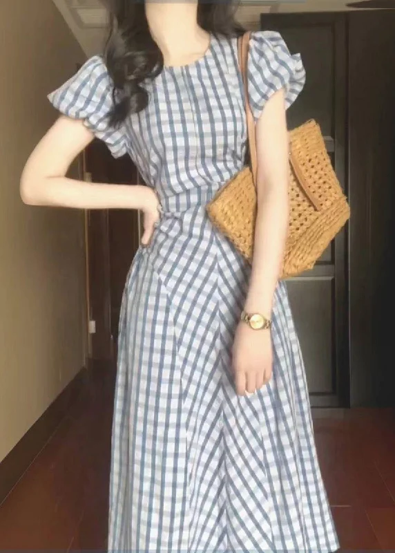 ruched dressStyle Light Blue O-Neck Plaid Tie Waist Long Dress Short Sleeve