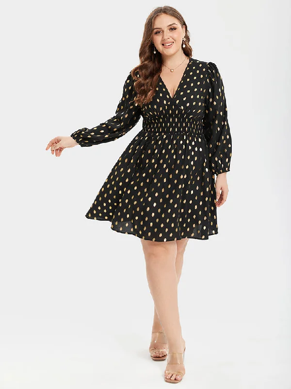 party dressGold Polka Dot V-Neck Lantern Sleeve Elastic Waist Dress