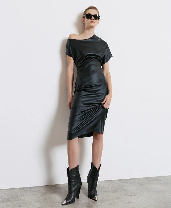 sleek midi dressAccess Black Midi Dress With Asymmetrical Sleeve