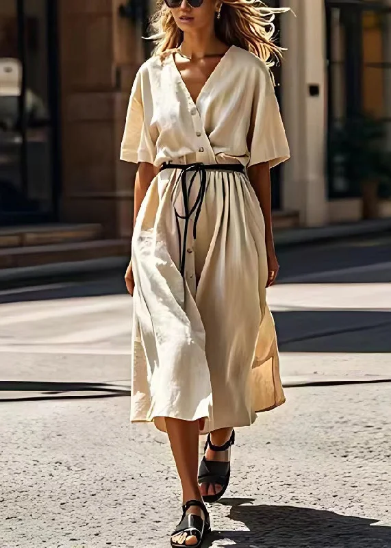 layered dressPlus Size Beige V Neck Tie Waist Patchwork Cotton Dress Summer