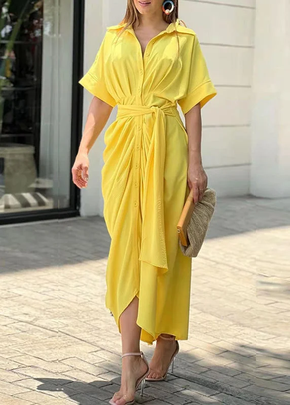 summer floral dressWomen Yellow Peter Pan Collar Tie Waist Cotton Shirts Dress Summer