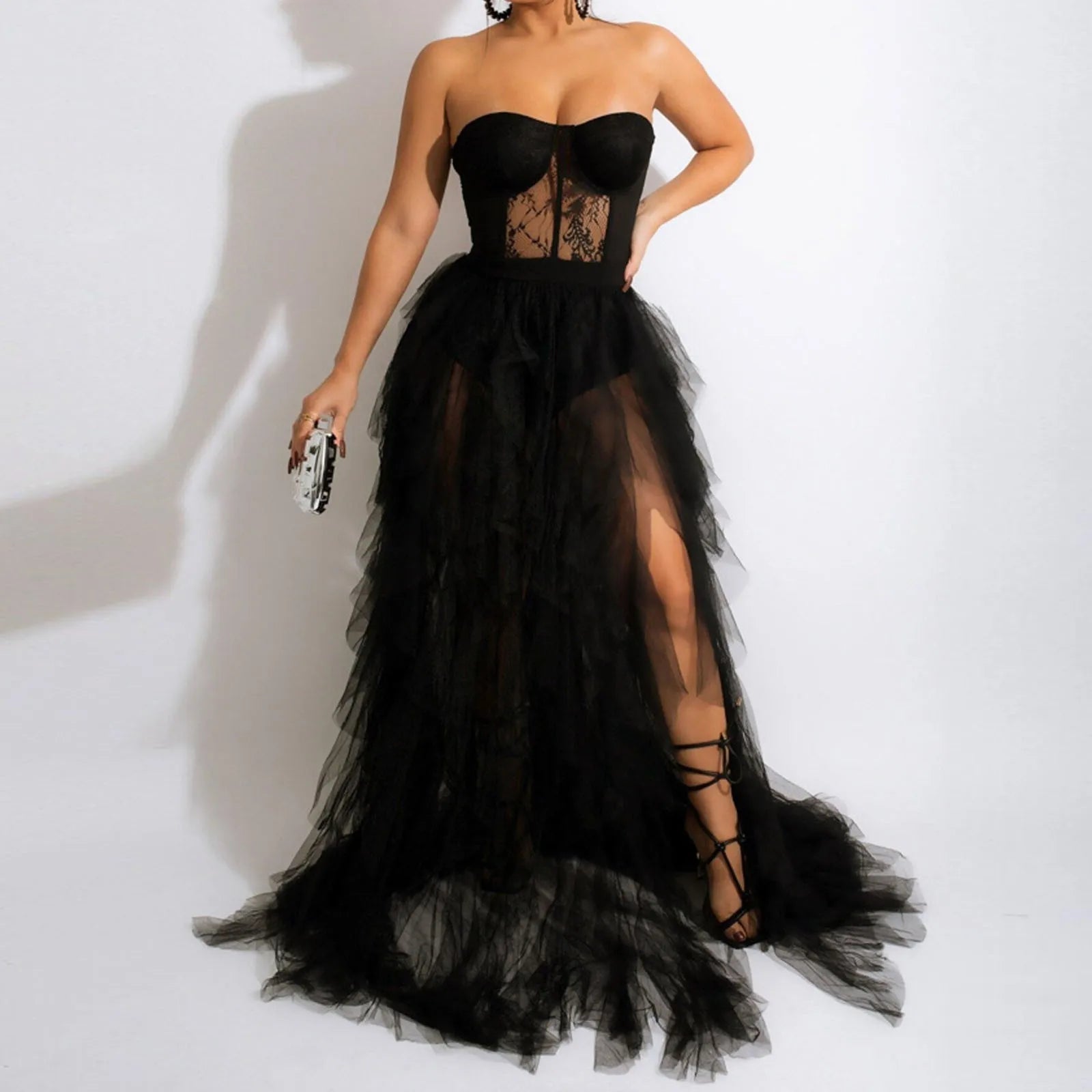 Year-End Clearance JuliaFashion - Elegant Party See Through Lace Mesh Corset Maxi Strapless Hollow Tulle Black Red Luxury Evening Gown Dress