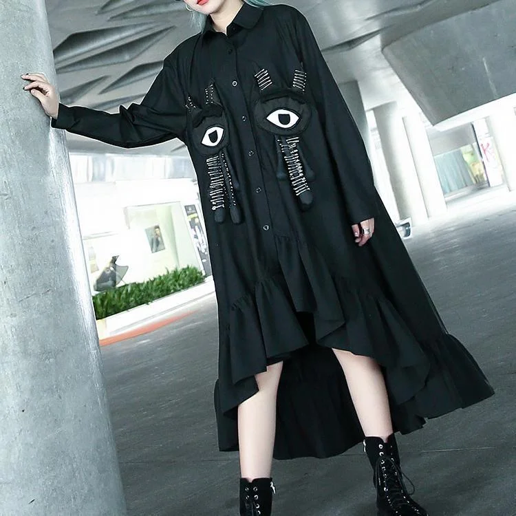 long sleeve dressFine black autumn shirt dress trendy plus size Turn-down Collar gown Fine asymmetrical design large hem shirt dress