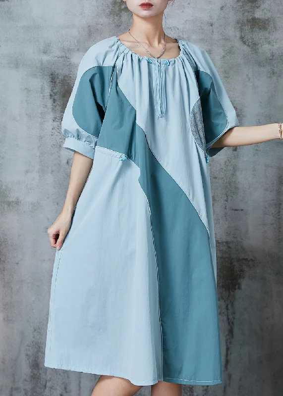 wrap dressFrench Blue Grey Hollow Out Patchwork Cotton Maxi Dresses Summer