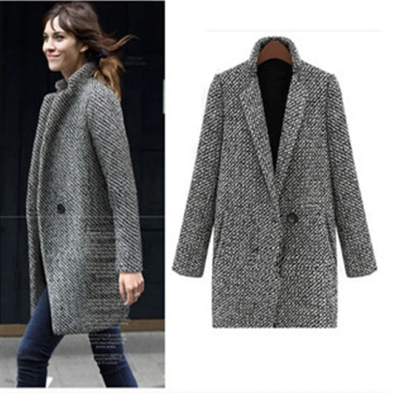 relaxed winter jacket2017 Winter Coat Women Houndstooth Cotton Blend Coat Single Button Pocket Oversize Long Trench Coat Outerwear Woolen Coat Woman