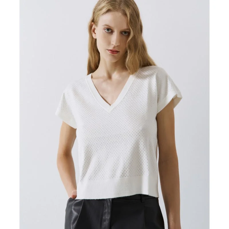 chic shift dressAccess Fashion Off White Knitted Blouse With Rhinestones