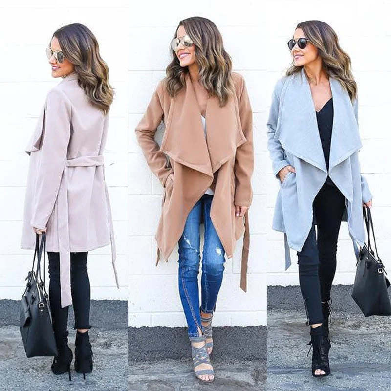 Super Bargain Women Solid Elegant Trench Long Sleeve Spring New Style Women Fashion Street Wear Long Trench Windbreaker Outwear