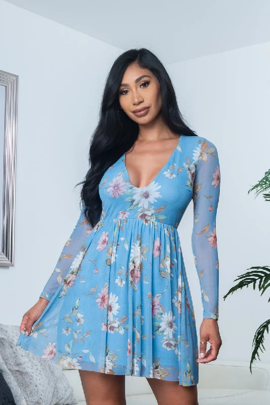 casual slip dressFloral Print Sheer Mesh Long Sleeve Plunge V Neck Mini Dress with Flowy Circle Skirt, Fully Lined (R6976-5) Y