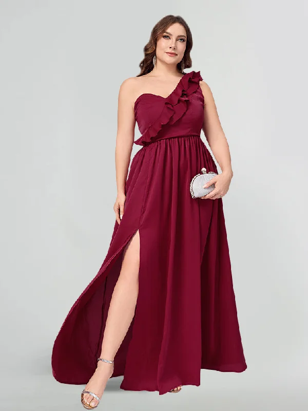 evening dressPlus Burgundy One-Shoulder Ruffle High Slit Maxi Dress