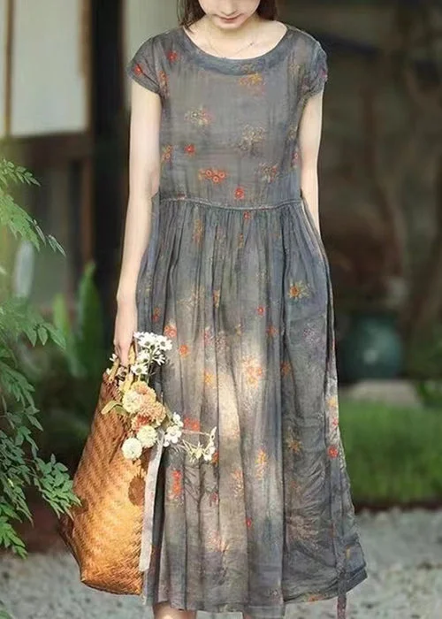 Quick Sale Women Grey Print Lace Up Pockets Linen Dresses Summer