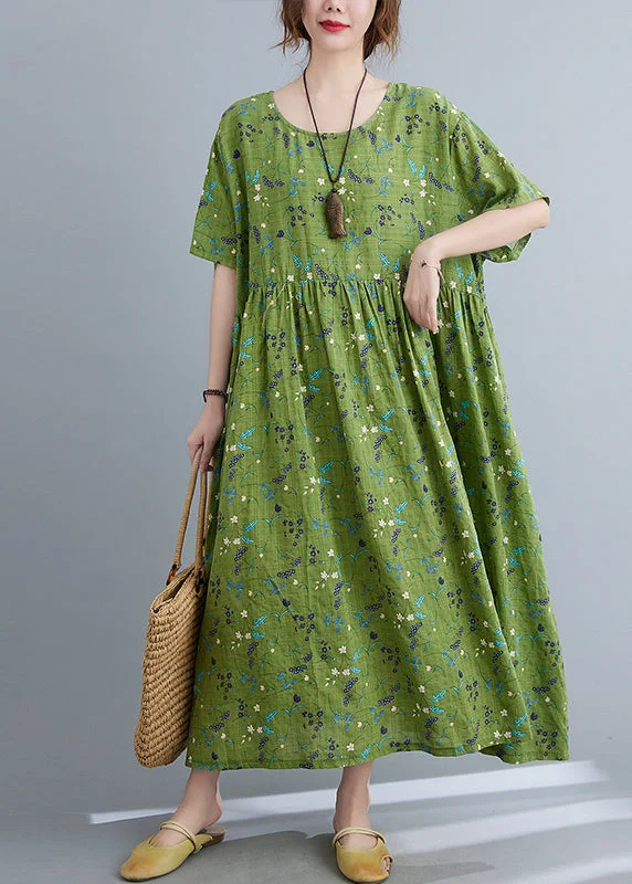 boho dressModern Green Print Wrinkled Long Dresses Summer