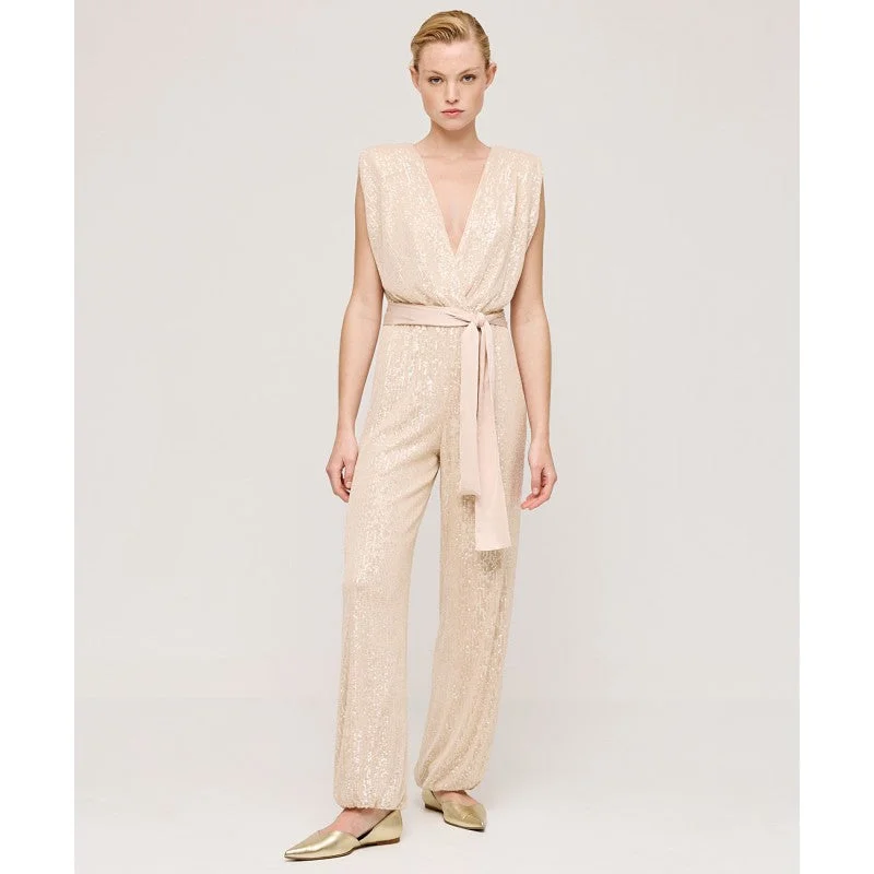 casual evening dressAccess Fashion Champagne Coloured Wrap Sequin Jumpsuit