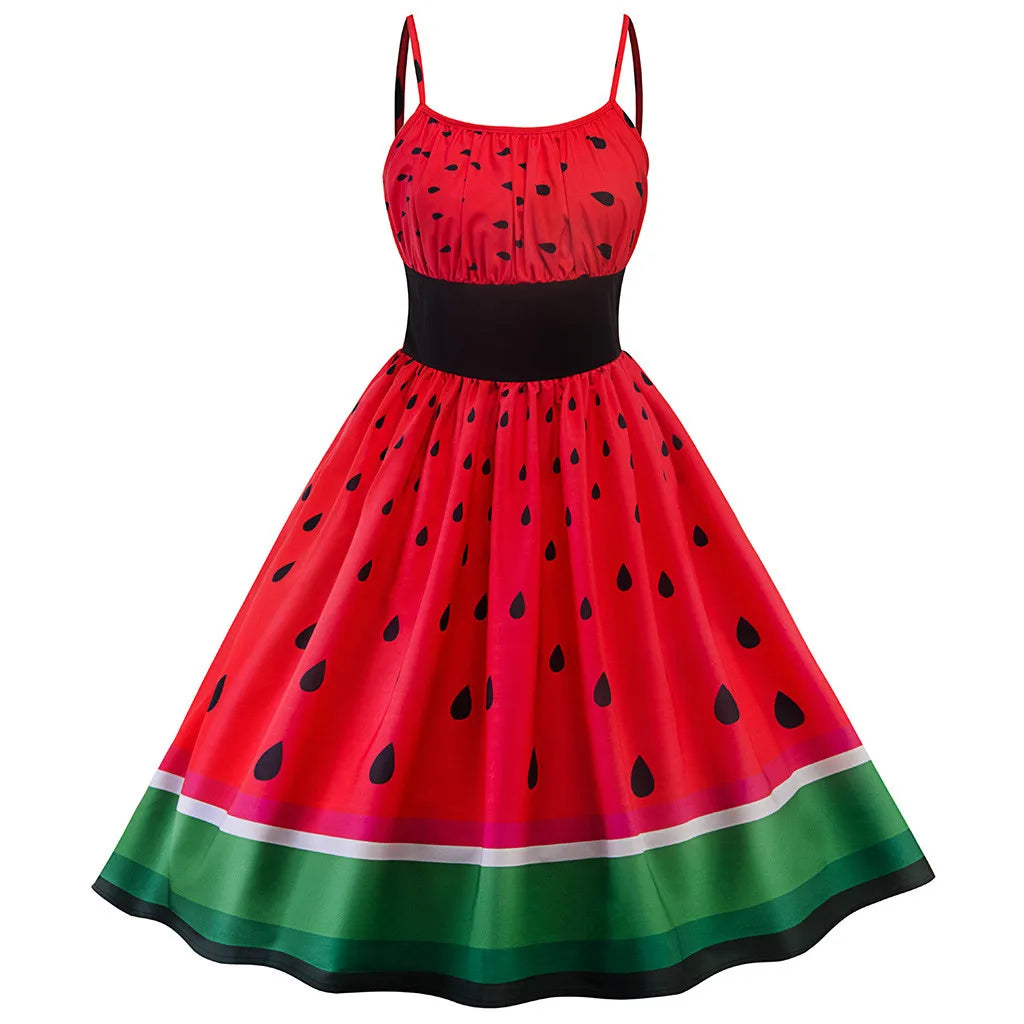 Deep Discounts JuliaFashion - Elegant Women Sling Party Cocktail Prom Watermelon Print Big Swing High Waist Spaghetti Strap Fashion Casual Dress