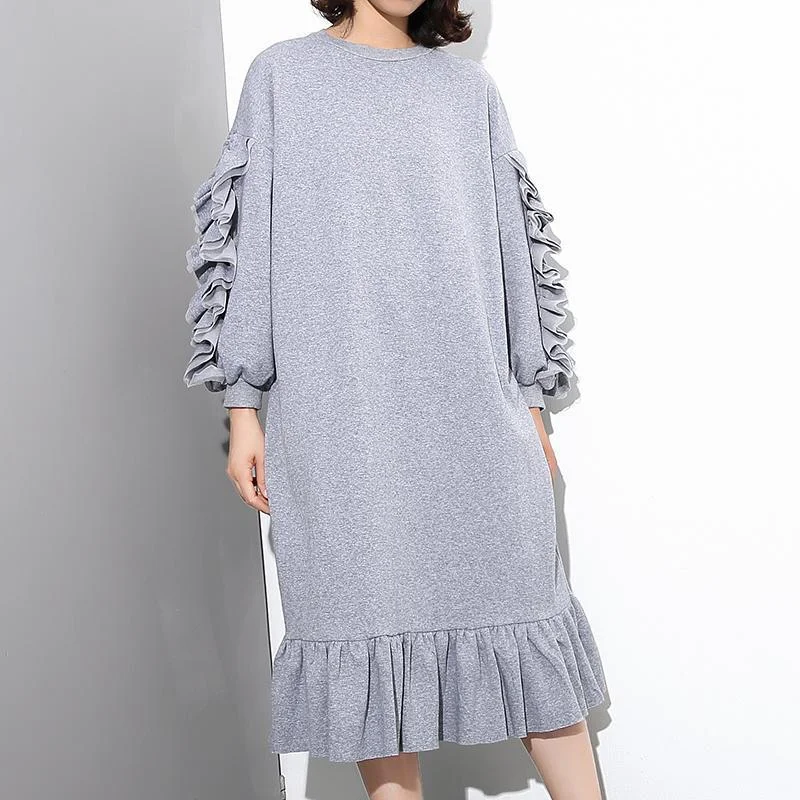 ashionable dressvintage gray cotton maxi dress Loose fitting O neck fall dresses New long sleeve Cinched caftans