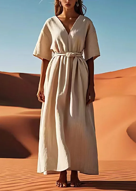 flowy dressSimple Plus Size Beige V Neck Tie Waist Linen Dresses Summer