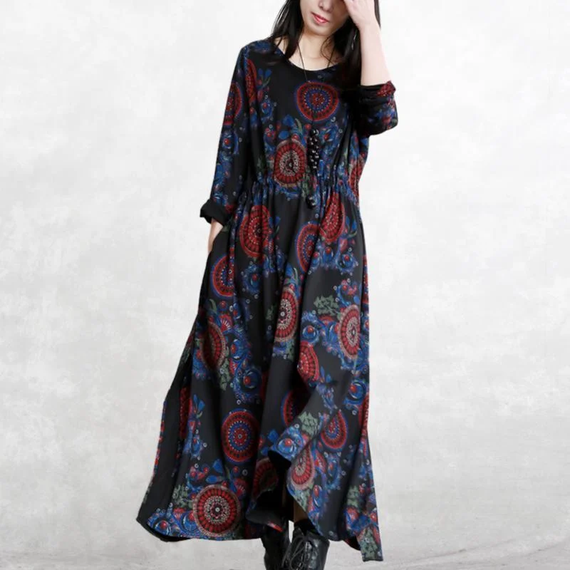 silk dressbaggy black print natural cotton blended dress plus size clothing O neck pockets cotton blended gown boutique long sleeve tie waist autumn dress