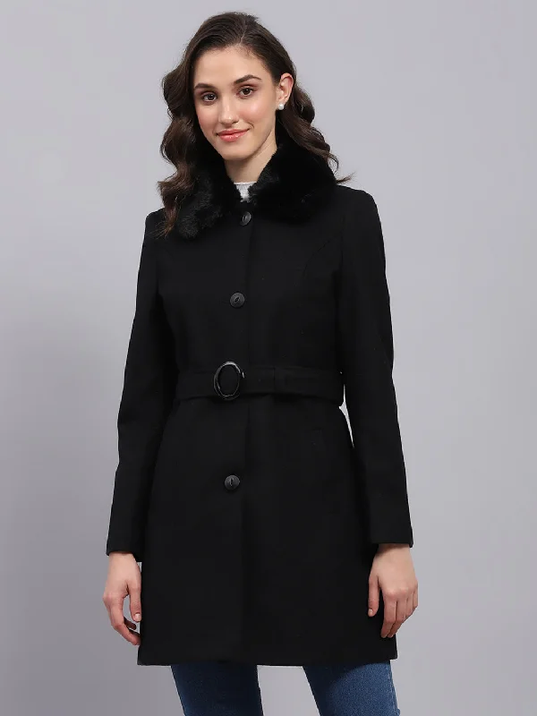 sleek jacketWomen Black Solid Collar Full Sleeve Coat