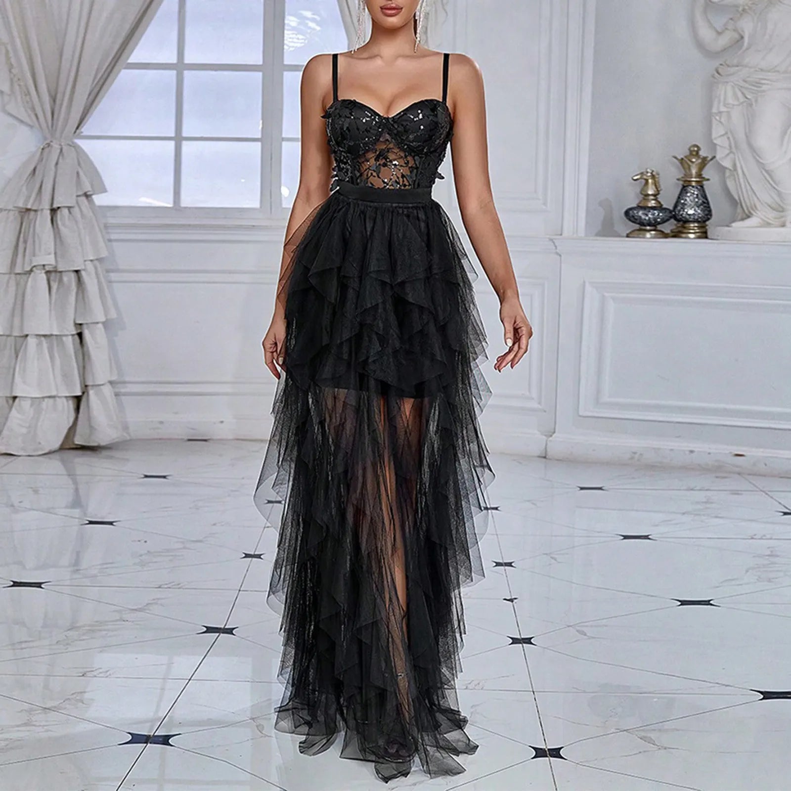 Loyalty Reward JuliaFashion - Elegant Evening 2024 New Sexy Net Yarn Slim Fit Sleeveless Spaghetti Strap Long Maxi Chic Lady Party Dress
