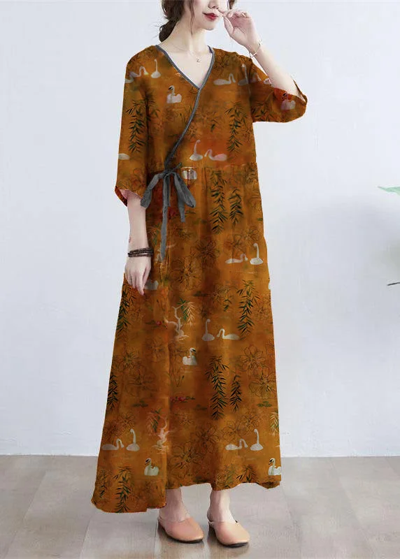 spaghetti strap dressSimple  yellow  Print V Neck Floral Summer Tie Waist Long Dresses Half Sleeve