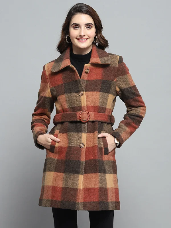 oversized puffer coatWomen Rust Check Collar Full Sleeve Coat