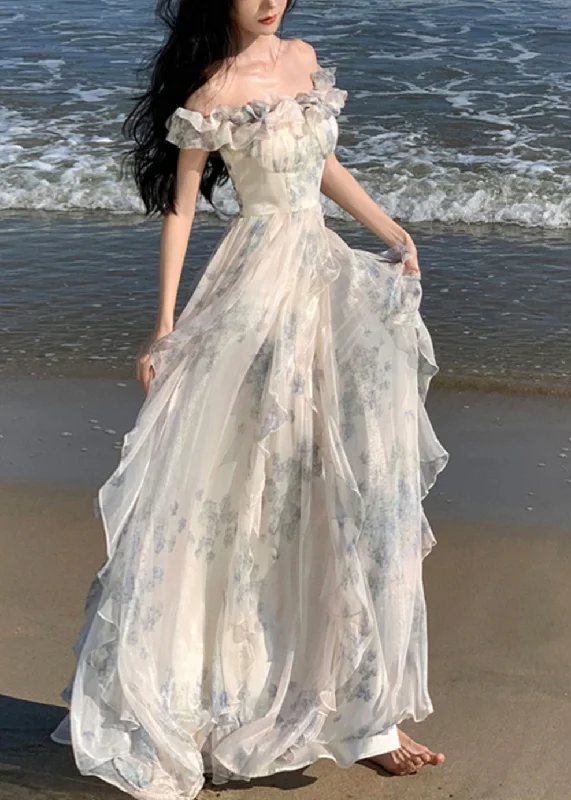 Online Only Fashion Ruffled Print Patchwork Chiffon Long Dresses Summer