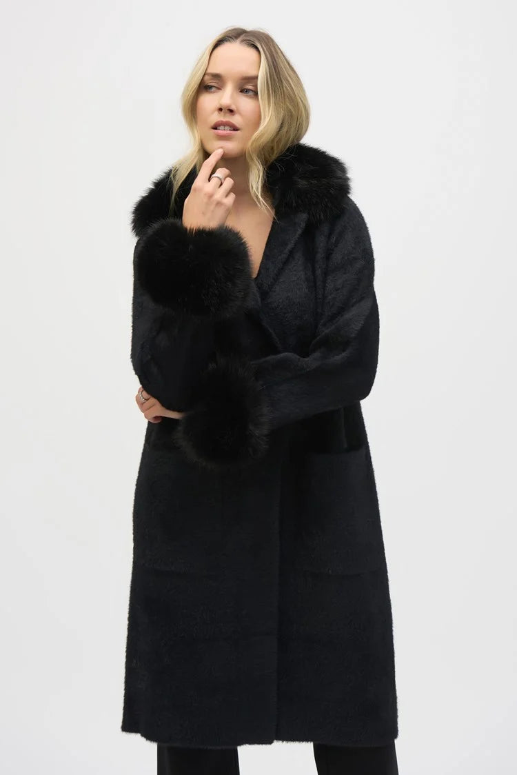 sophisticated dressJoseph Ribkoff Black Feather Yarn And Faux Fur Sweater Coat