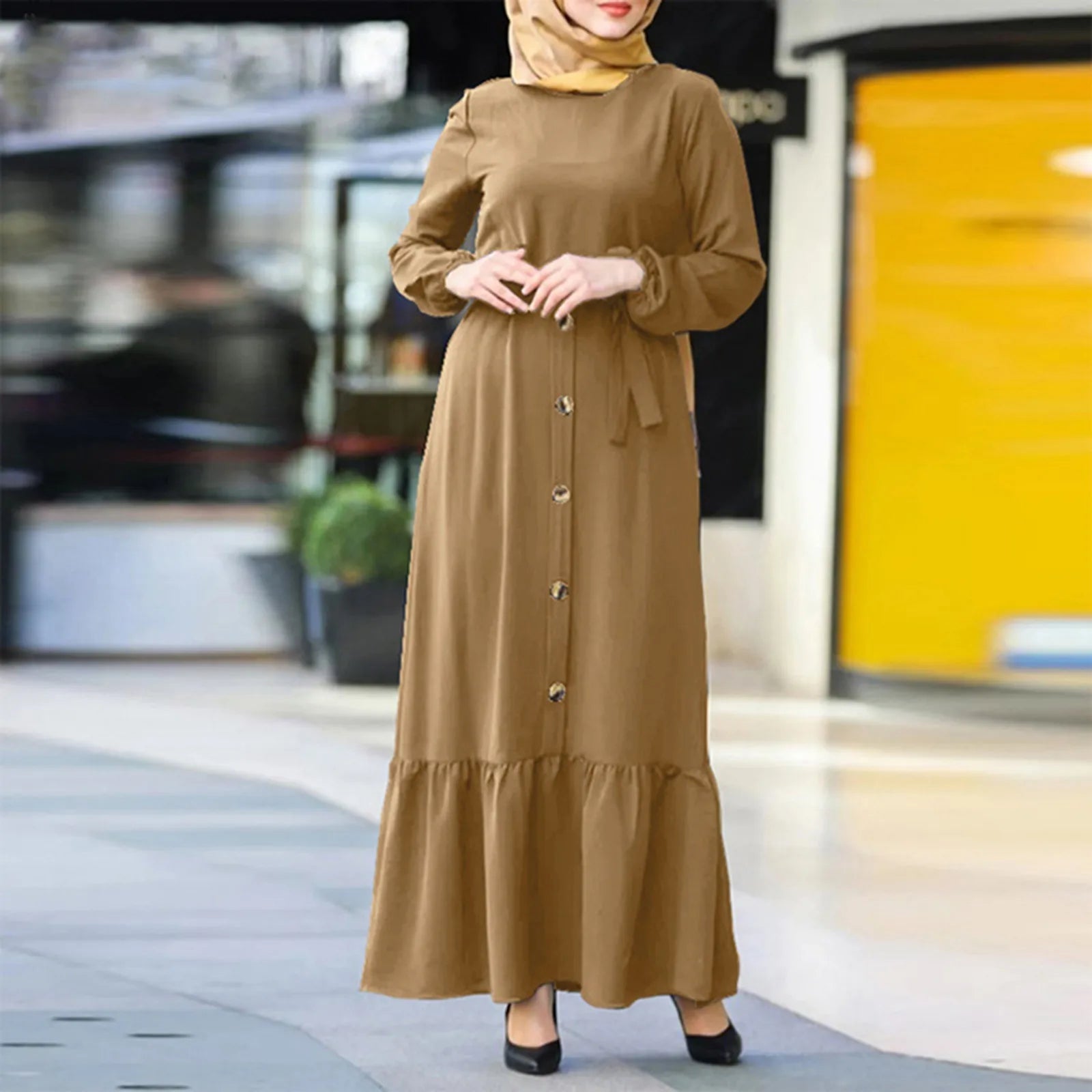 Online Exclusive JuliaFashion - Round Neck Muslim Robe Jilbab Abaya Hijab Women Islamic Clothing Solid Long Sleeve Ramadan Maxi Caftan Marocain Dress