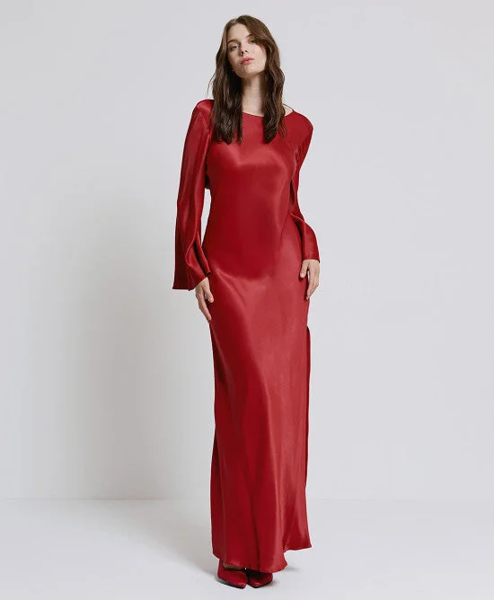 ruched dressAccess Fashion Red Satin Dress With Flared Shoulder