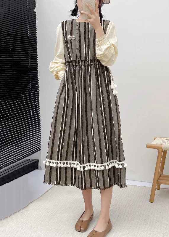 wrap dressNew Striped Ruffled Pockets Lace Up Cotton Dress Sleeveless