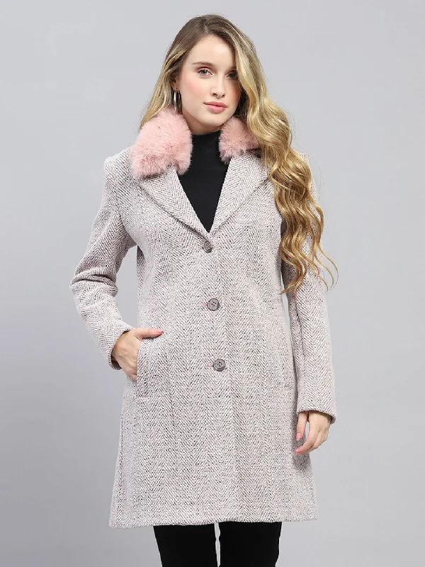 Steals and Deals Women Pink Self Design Collar Full Sleeve Coat