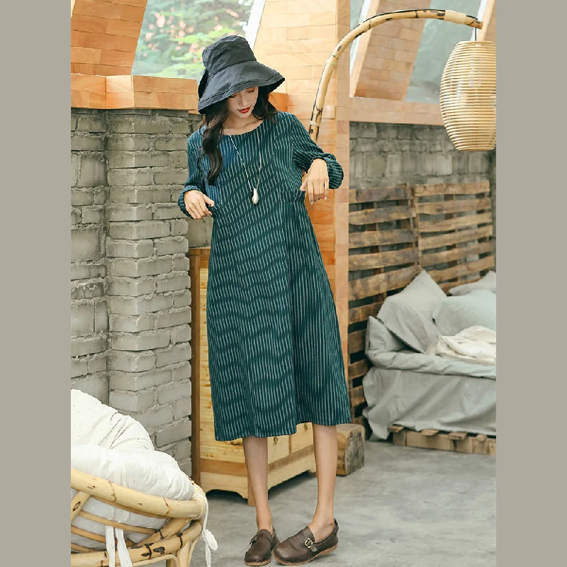 silk dressvintage green striped dresses trendy plus size pockets vintage o neck dresses