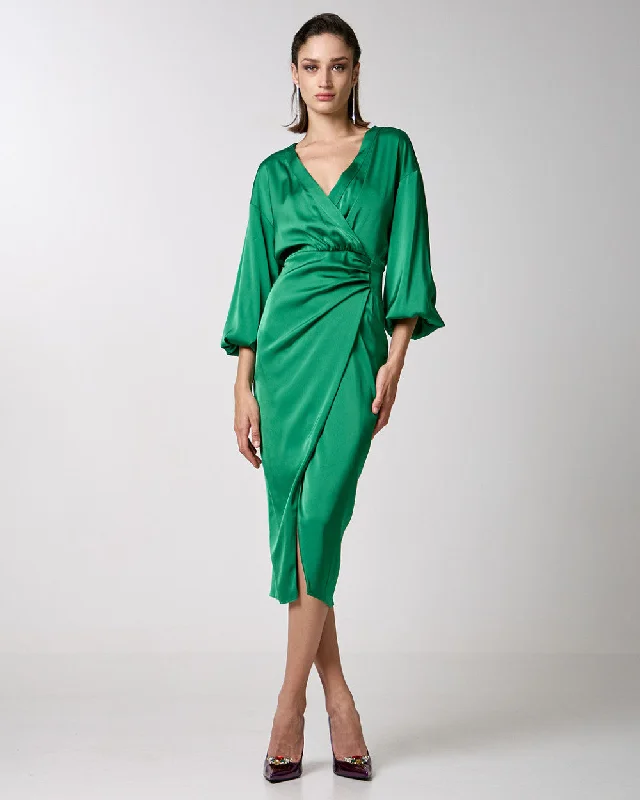 Hurry In Access Fashion Green Wrap Midi Satin Dress With Pleats