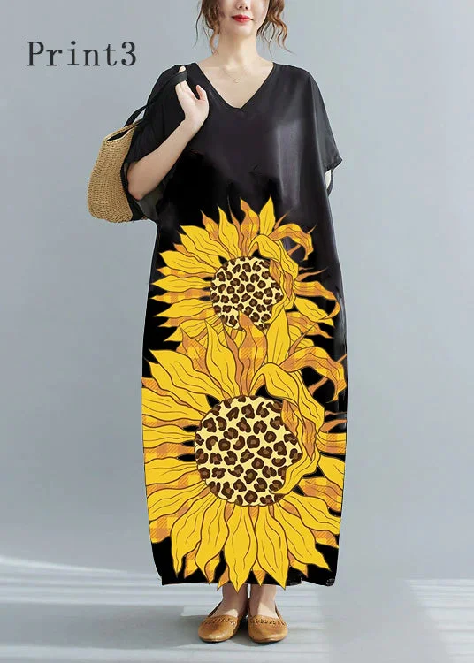 casual day dressLoose Black-print3 V Neck Oversized Leaf Print Chiffon Long Dress Short Sleeve