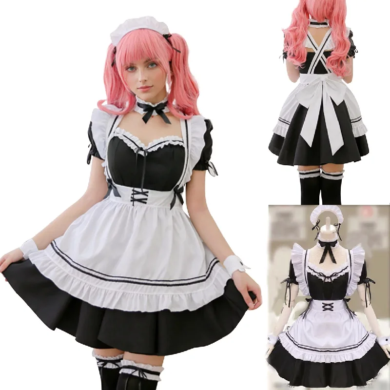 stylish dressJuliaFashion - 2024 Black Cute Lolita Maid Costumes Girls Women Lovely Maid Cosplay Costume Animation Show Japanese Outfit Cafe Apron Dress