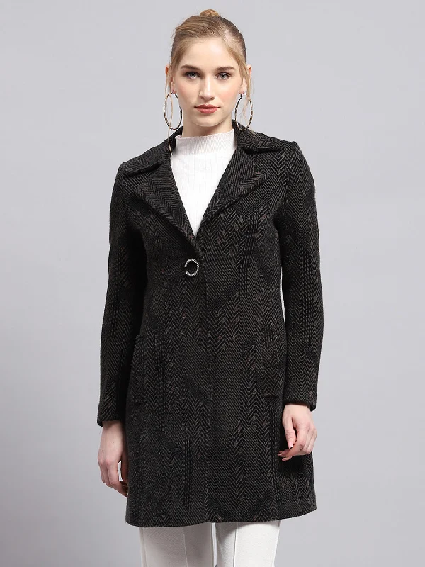 Limited Stock Women Black Self Design Collar Full Sleeve Coat