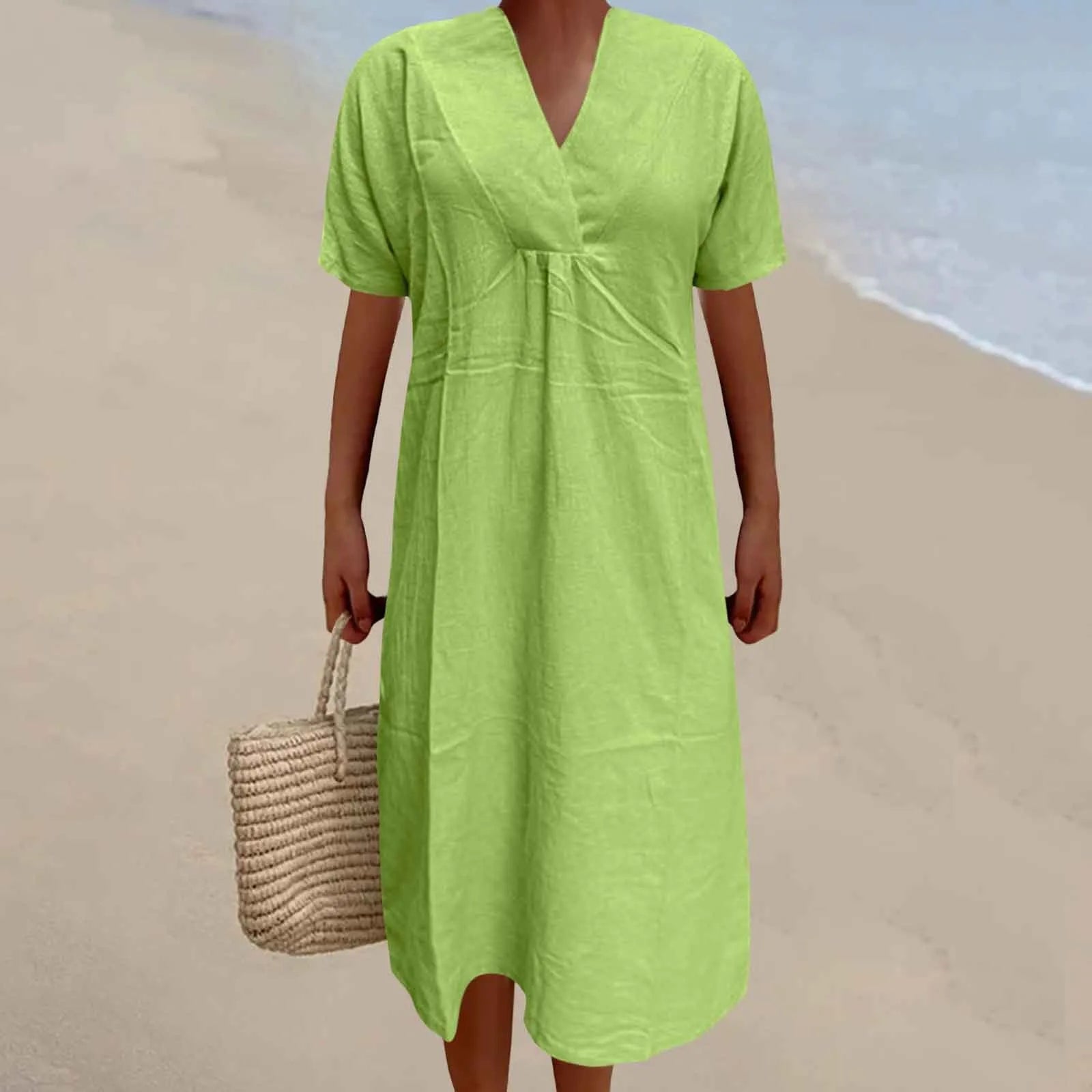 relaxed fit dressJuliaFashion - 2024 Summer Women New Fashion Solid Color V Neck Versatile Loose Short Sleeve Long Female Casual Vestidos Robe Dress