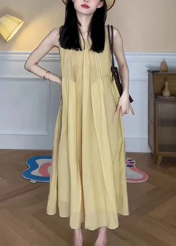 Exclusive Access Elegant Yellow O Neck Pockets Cotton Long Dress Sleeveless