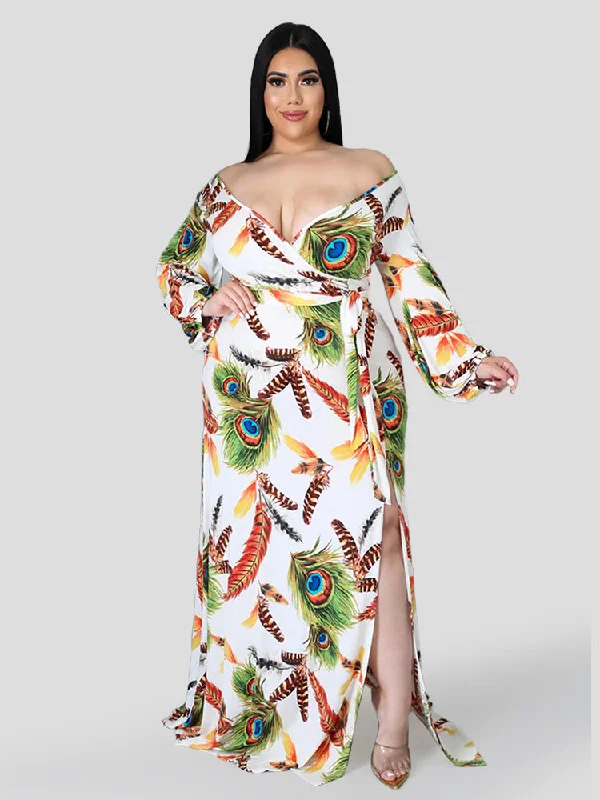 fitted bodycon dressFeather Print V-Neck Crisscross Wrap Maxi Dress