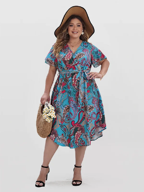 classic fit-and-flare dressPaisley Print Wrap Belted Curve Hem Dress