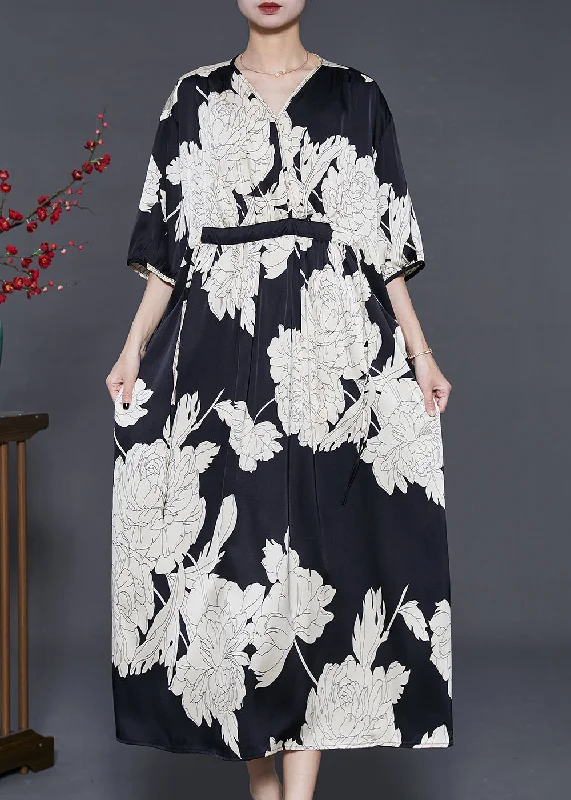 Lowest Price French Black Oversized Print Silk Dresses Summer